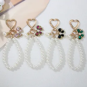 Handmade Bowknot Artificial Pearl Keychain Heart Shape Clasp Beaded Bag Charm Rhinestone Pendant For Car Key Earphone Case