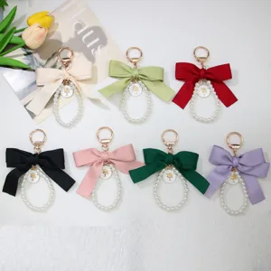 Vintage Large Satin Bowknot Keychain With Artificial Pearl Bead String Retro Style Bag Charm Pendant Elegant Gift For Women