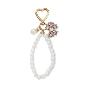 Handmade pearl beaded bow keychain with gold heart clasp for bags and phone cases