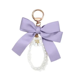 Elegant purple ribbon bowknot keychain featuring a faux pearl loop and vintage gold charm