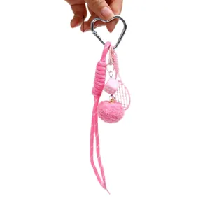 Creative pink fashion heart-shaped keychain with tennis racket and fuzzy ball charm