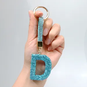 Sparkling luxury blue rhinestone letter D keychain with elegant crystal bag pendant charm