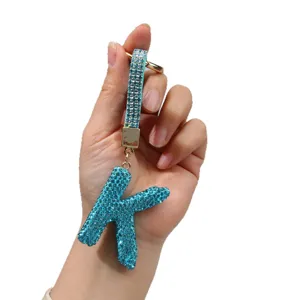 Sparkling turquoise rhinestone letter K keychain with luxury crystal strap bag charm