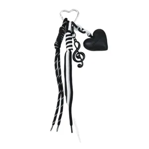 Porte-clés cœur note de musique avec cordon tissé noir et blanc pour décoration de sac
