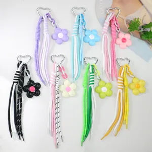 Korean INS Trendy Alloy Plum Blossom Keychain Heart Buckle Braided Rope Phone Case Bag Pendant Charm Gift for Women