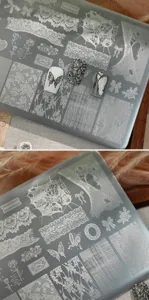 Detailed macro view of elegant vintage lace and butterfly patterns on metal nail stamping plate
