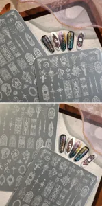 Vintage Gothic nail stamping plate with intricate window and angel designs for nail art.