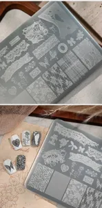 Close-up of TG-006 nail art stamping plate featuring vintage lace and butterfly patterns.