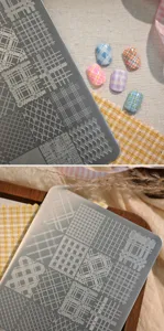 Close-up of vintage plaid and houndstooth patterns on a metal nail stamping plate