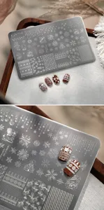 Detailed view of Christmas-themed nail stamping plate with snowflake and knit patterns.