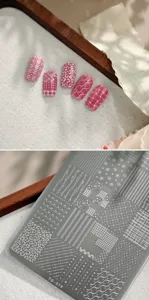 Close-up view of TG-019 nail stamping plate featuring various plaid and pattern designs