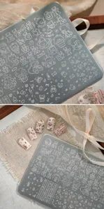 Macro detail of cartoon bear and alphabet patterns on nail art stamping plate