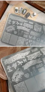 Detailed macro view of vintage lace patterns on nail stamping plate TG-006 metal plate