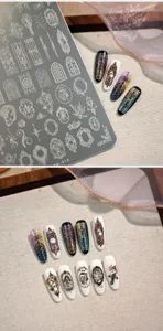 Macro detail of Gothic vintage window frame nail stamping plate and finished tips