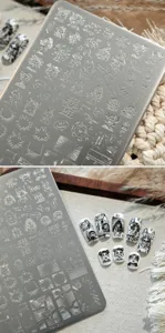 Detailed macro view of manga character nail stamping plate TG-011 with textured art