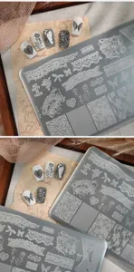 Detailed view of retro lace, butterfly, and bow patterns on the TG-006 nail art stamping plate