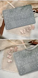 Detail of cartoon bear nail stamping plate TG-021 with finished nail art samples