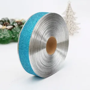 Cinta de purpurina azul de 5 cm con bordes plateados para decoración festiva de Navidad