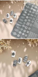 Primo piano di piastra per nail stamping stile bohémien con vari motivi tribali
