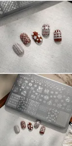 Detail of Christmas nail stamping plate with snowflake and knit texture patterns.