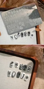Vue détaillée de la plaque de stamping nail art gothique avec motifs crânes et épines