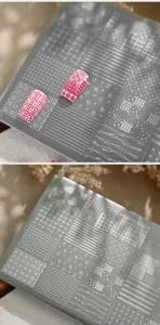 Detailed macro view of TG-019 nail art stamping plate with plaid and rabbit patterns