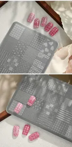Detailed view of metal nail art stamping plate featuring elegant plaid and rabbit patterns.