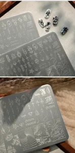 Détail de la plaque de stamping pour ongles gothique avec motifs de crânes et croix TG-008