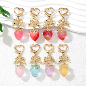Cute UV Plated Strawberry Keychain With Alloy Bow Knot Heart Spring Clasp Rhinestone Strawberry Bag Charm For Girls Gift