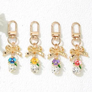 Porte-clés en Alliage Style Coréen Fleur Nœud Avec Strass Perle Artificielle Cristal Goutte d'Eau Bijou de Sac Accessoire Écouteurs Femme