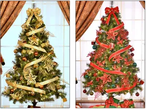 Detailed shot of glitter Christmas tree ribbon decorations in festive red and gold