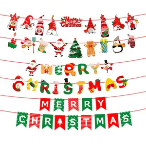 Festive Merry Christmas banner set with gnomes and Santa Claus for party decor