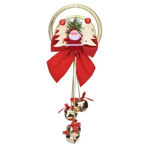 Addobbo natalizio festivo con Babbo Natale, fiocco rosso e tre campanelle dorate.