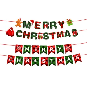 Festive red and green plaid Merry Christmas banner for party and home holiday decoration