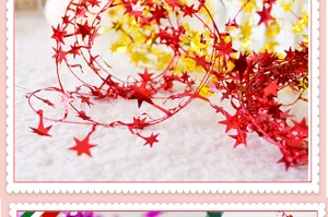 Close-up macro weergave van glanzende rode en gouden ster-slingers voor Kerstmis