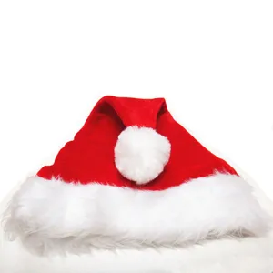 Classic double-layer thickened red velvet Christmas hat with white plush trim and fluffy pom-pom