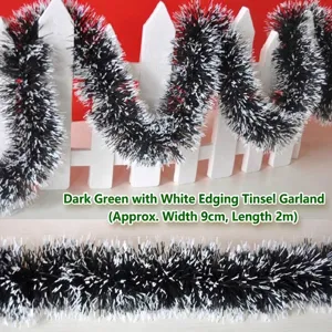 Dark green Christmas tinsel garland with white tips, 2 meters long decoration
