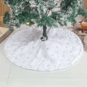 White plush Christmas tree skirt with embroidered silver snowflake sequins for decor