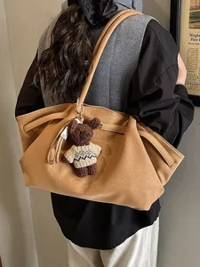 Grand sac cabas vintage camel en similicuir à cordon avec breloque ours en peluche