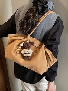 Grand sac cabas vintage en similicuir camel avec cordon de serrage et charmant ours en peluche