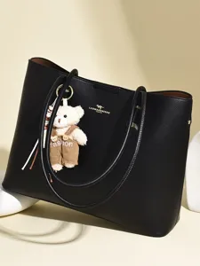 Damen Retro Große Kapazität PU Leder Tote Bag Koreanischen Stil Pendler Umhängetasche Mit Süßem Plüschbär-Anhänger