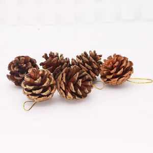 Detail view of 6 natural pine cone ornaments with gold loops for Christmas decor