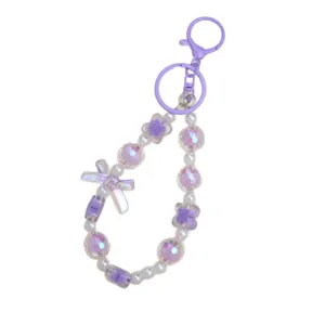 Handmade purple beaded phone strap with bow and clover charm for bags or keys decoration