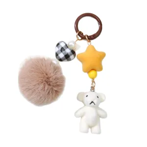 Handmade Korean style cute flocked bear keychain with fluffy pom-pom for bag charms