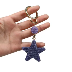 Sparkling purple rhinestone star keychain with golden ring for car keys and bags