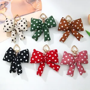 Ins Fashion Cotton Filled Polka Dot Bowknot Keychain Bag Charm Alloy Heart Clasp Fabric Bow Pendant For Bags Shoes Clothes