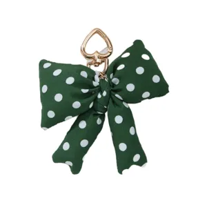 Fashionable dark green polka dot padded bow hanging ornament with golden heart clasp