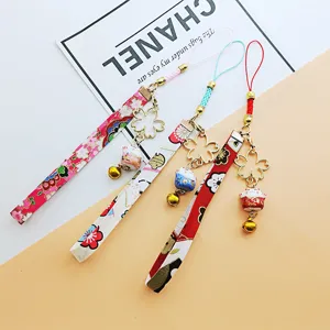 Japanese Lucky Cat Bell Phone Charm Ceramic Maneki-Neko Keychain With Printed Fabric Ribbon Metal Sakura Pendant For Keys Bag Gift