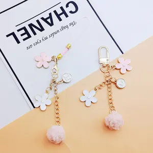 Japanese Style Cherry Blossom Keychain With Initial Letter Tag Pink Plush Pompom Charm Lovely Bag Hanging Pendant For AirPods Phone Case Women Gift