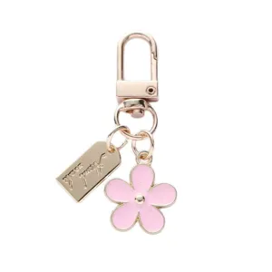 Pink daisy flower metal keychain with gold engraved tag for AirPods bag accessories